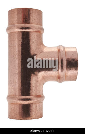 Copper equal tee solder ring fitting on white background Stock Photo