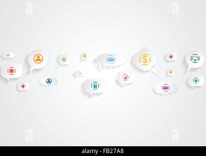 Abstract social communication background. Bright business icons on speech bubbles. Vector design illustration Stock Vector