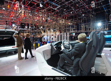 Las Vegas, USA. 7th Jan, 2016. Attendees demonstrate a smart dashboard at Audi booth during the 2016 Consumer Electronics Show (CES) in Las Vegas, Nevada, the United States, Jan. 7, 2016. Credit:  Yang Lei/Xinhua/Alamy Live News Stock Photo