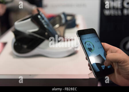 Las Vegas, Nevada, USA. 06th Jan, 2016. Karim Oumnia gives a demonstration of Digitsole's Smartshoe 01 prototype at the Digitsole booth at the 2016 International Consumer Electronics Show (CES) in Las Vegas, Nevada, USA, 06 January 2016. Photo: Jason Ogulnik/dpa/Alamy Live News