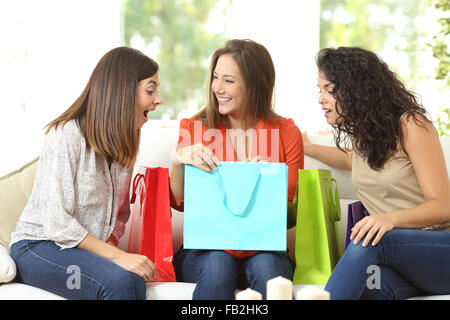 Happy shoppers with shopping bags talking sitting on a couch at home Stock Photo