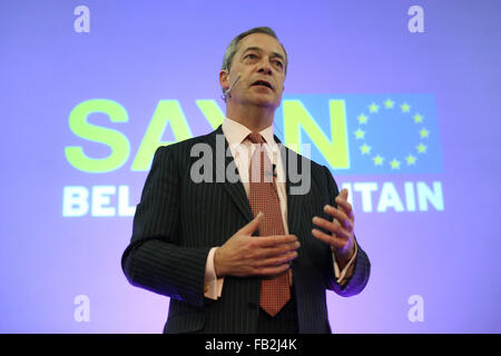 UKIP leader Nigel Farage speaks at a 'Say No to the EU' event at Elland Road in Leeds, West Yorkshire, UK. 30th November 2015. Stock Photo