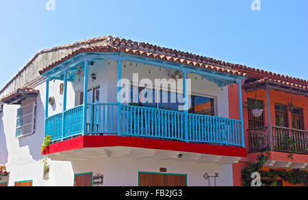 House with a blue balcony in Cartagena city, Columbia. Stock Photo