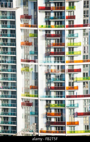 Colourful balconies of Icona Stratford Tower blocks at East Stratford, London in March Stock Photo