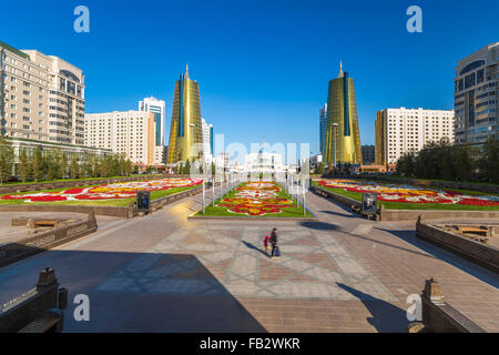 Central Asia, Kazakhstan, Astana, Twin golden conical business centres Stock Photo