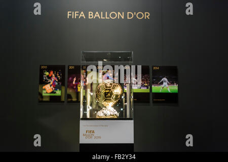 The FIFA Ballon d'Or trophy is exhibited at the future FIFA museum at Zurich, a few days before the 2015 award ceremony. Stock Photo
