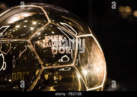 Close-up of the FIFA Ballon d'Or trophy for the world's best football player (exhibited at the future FIFA museum at Zurich). Stock Photo