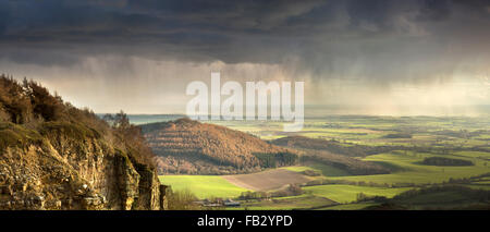 Panorama of Vale of York Hood Hill and Roulston Scar from Sutton Bank, in heavy rain. Stock Photo