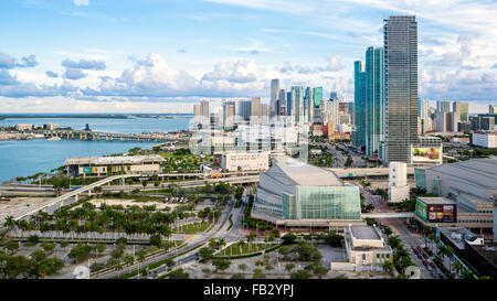 Elevated view over Biscayne Boulevard and the skyline of Miami, Florida, USA Stock Photo