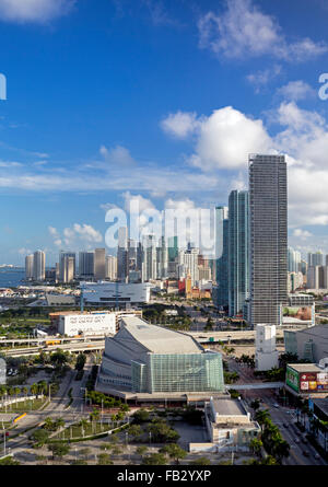 Elevated view over Biscayne Boulevard and the skyline of Miami, Florida, USA Stock Photo