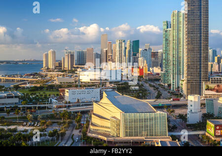 Elevated view over Biscayne Boulevard and the skyline of Miami, Florida, USA Stock Photo