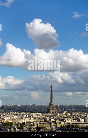 Elevated city skyline with Eiffel Tower viewed over rooftops, Paris, France, Europe Stock Photo