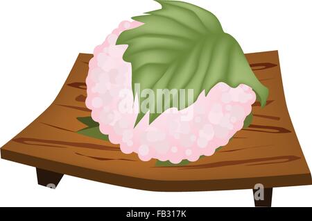 Japanese Traditional Sweets for Spring, Sakuramochi or Rice Cake Filled with Red Bean Paste Wrapped in Preserved Cherry Leaf on Stock Vector