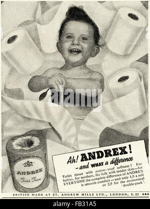 Original vintage advert from 1950s. Advertisements from 1953 advertising Andrex toilet tissue paper. 50s retro Stock Photo