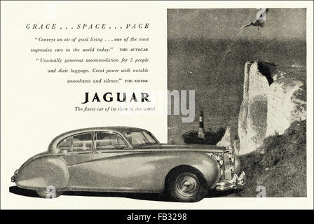 Original vintage advert from 1950s. Advertisement from 1953 advertising Jaguar cars. 50s retro Stock Photo