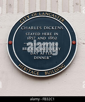 Historic plaque for 'Charles Dickens' at Royal Kings Arms Hotel, Lancaster, Lancashire, England, UK. Stock Photo