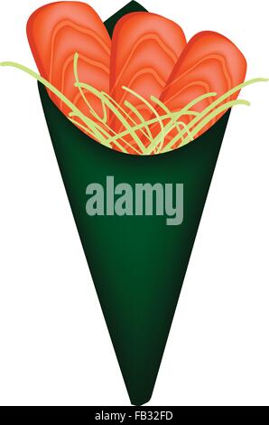 Japanese Cuisine, Illustration of Delicious Temaki Salmon, Salmon Cone Sushi or Salmon Hand Roll Sushi with Julienne Cucumber Is Stock Vector