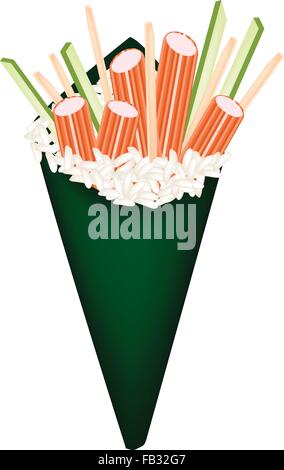 Japanese Cuisine, Illustration of Delicious Crab Stick Temaki or Surimi Hand Roll Sushi with Cucumber and Carrot Isolated on Whi Stock Vector