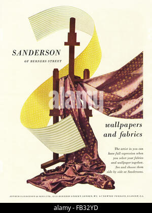 Original full page colour vintage advert from 1950s. Advertisement from 1953 advertising Sanderson wallpapers & fabrics. Stock Photo