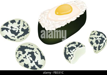 Japanese Cuisine, Illustration of Uzura Sushi or Raw Quail Egg Sushi Isolated on A White Background. Stock Vector