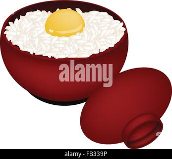 Japanese Cuisine, Illustration of White Steamed Rice Topping with Raw Egg in Donburi Bowl Isolated on A White Background. Stock Vector