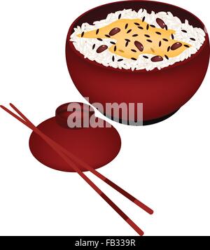 Japanese Cuisine, Illustration of White Steamed Rice with Red Beans in Donburi Bowl Isolated on A White Background. Stock Vector