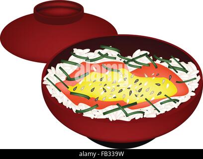 Japanese Cuisine, Illustration of White Steamed Rice with Sesame, Scallion and Sauce in Donburi Bowl Isolated on A White Backgro Stock Vector