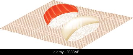 Japanese Cuisine, Illustration of Fresh Salmon Nigiri and Tako Sushi on Makisu Bamboo Mat Isolated on White Background. Stock Vector