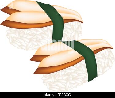 Japanese Cuisine, Illustration of Delicious Unagi Sushi or Smoked Eel Sushi with Sauced Isolated on White Background. Stock Vector