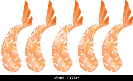 Japanese Cuisine, Illustration of Fresh Ebi Tempura or Deep Fried Shrimps Isolated on White Background. Stock Vector