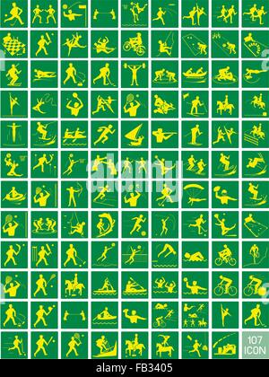 Illustration Collection of 107 Winter and Summer Sport Icons in Yellow and Green Colors. Stock Vector