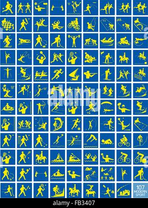 Illustration Collection of 107 Winter and Summer Sport Icons in Yellow and Blue Colors. Stock Vector