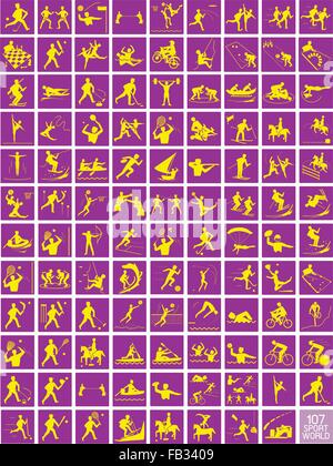 Illustration Collection of 107 Winter and Summer Sport Icons in Yellow and Purple Colors. Stock Vector