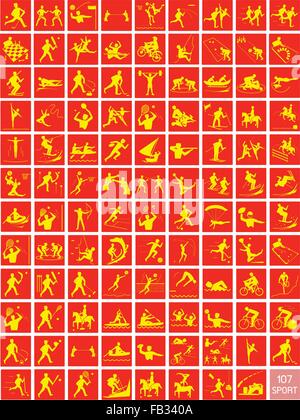 Illustration Collection of 107 Winter and Summer Sport Icons in Yellow and Red Colors. Stock Vector