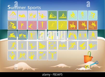 Illustration Collection of 41 Summer Sport Icons on Beach Background. Stock Vector
