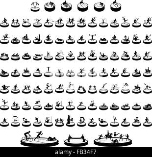Illustration Collection of 107 Winter and Summer Sport Icons in Black and White Colors. Stock Vector