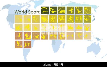 Illustration Collection of 35 World Sport Icons on World Map Background. Stock Vector