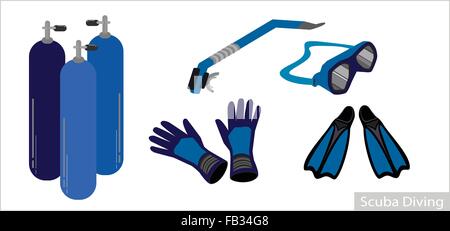 Illustration Collection of Underwater Diving Equipment or Scuba Diving Equipment, Air Tank,  Gloves, Fins, Snorkel and Goggles I Stock Vector