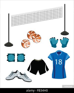 Illustration Collection of Volleyball Accessory and Equipment, Leather Ball, Net, Wrist Protection, Shoe and Uniform Isolated on Stock Vector