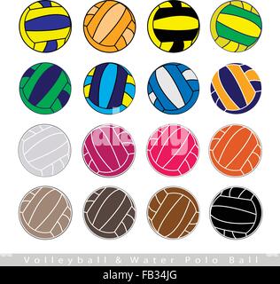 Illustration Set of Multi-colored 16 Volleyballs or Water Polo Balls Isolated on White Background. Stock Vector