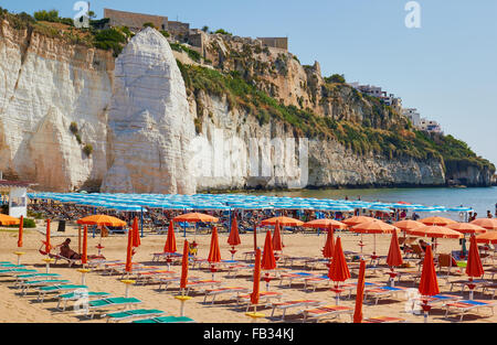 Pizzomunno a 25 metre high limestone monolith, Scialara beach, Vieste, Gargano Promontory, Foggia Province, Puglia, Italy, Europe Stock Photo