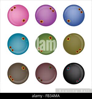 Sports and Fitness symbol, Illustration Collection of 25 Assorted Color Bowling Balls Isolated on A White Background. Stock Vector
