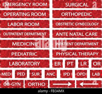 Illustration Collection of Hospital Signs and Medical Abbreviations of Different Departments at A Hospital in Red Labels. Stock Vector