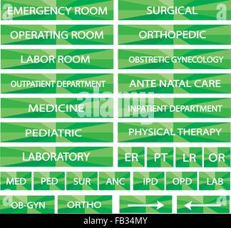 Illustration Collection of Green Hospital Signs and Medical Abbreviations of Different Departments at A Hospital. Stock Vector