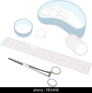 Medical Concept, Illustration of Wound Dressing or Wound Care Kit, Scissors, Cotton Balls and Bandage Isolated on A White Backgr Stock Vector