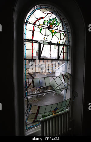 UNITED KINGDOM, Newry : The damage stained glass windows as seen from inside Downshire Presbyterian Church overlooking the Newry courthouse where a car bomb that exploded outside late Monday night,  Newry, Northern Ireland, on February 23, 2010. A huge car bomb exploded outside a Northern Ireland court in an attack blamed on dissident republicans, just weeks after an agreement was finally brokered on devolving sensitive policing powers. Police said it was a 'sheer miracle' that no-one was killed or hurt by the bomb, which weighed up to 800 pounds (360 kilograms) in Newry, south of Belfast, whi