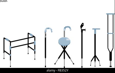 Medical Concept, Illustration Collection of Crutches and Walkers Used to Assist A Person in Walking for Support and Security. Stock Vector