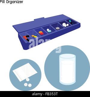 Medical Concept, Illustration of Pharmacy Bag with Pill Organizer, Pill Container or Pill Box Isolated on A White Background. Stock Vector