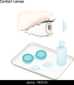 Ophthalmology Concept, Illustration of Take Care of The Eye with Contact Lenses, Container and Bottle of Solution. Stock Vector