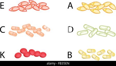 Healthcare Concept, Illustration Collection of Vitamins Pills and Tablets of Vitamin A, B, C, D, E, K and Minerals. Stock Vector